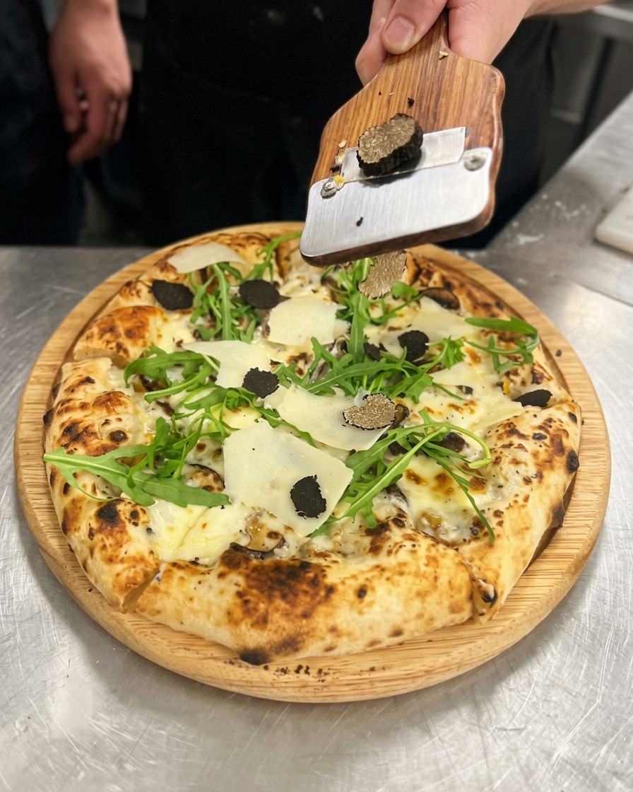 A specialized truffle slicer dispensing incredibly thin shavings of fresh black truffle onto a garnished pizza.
