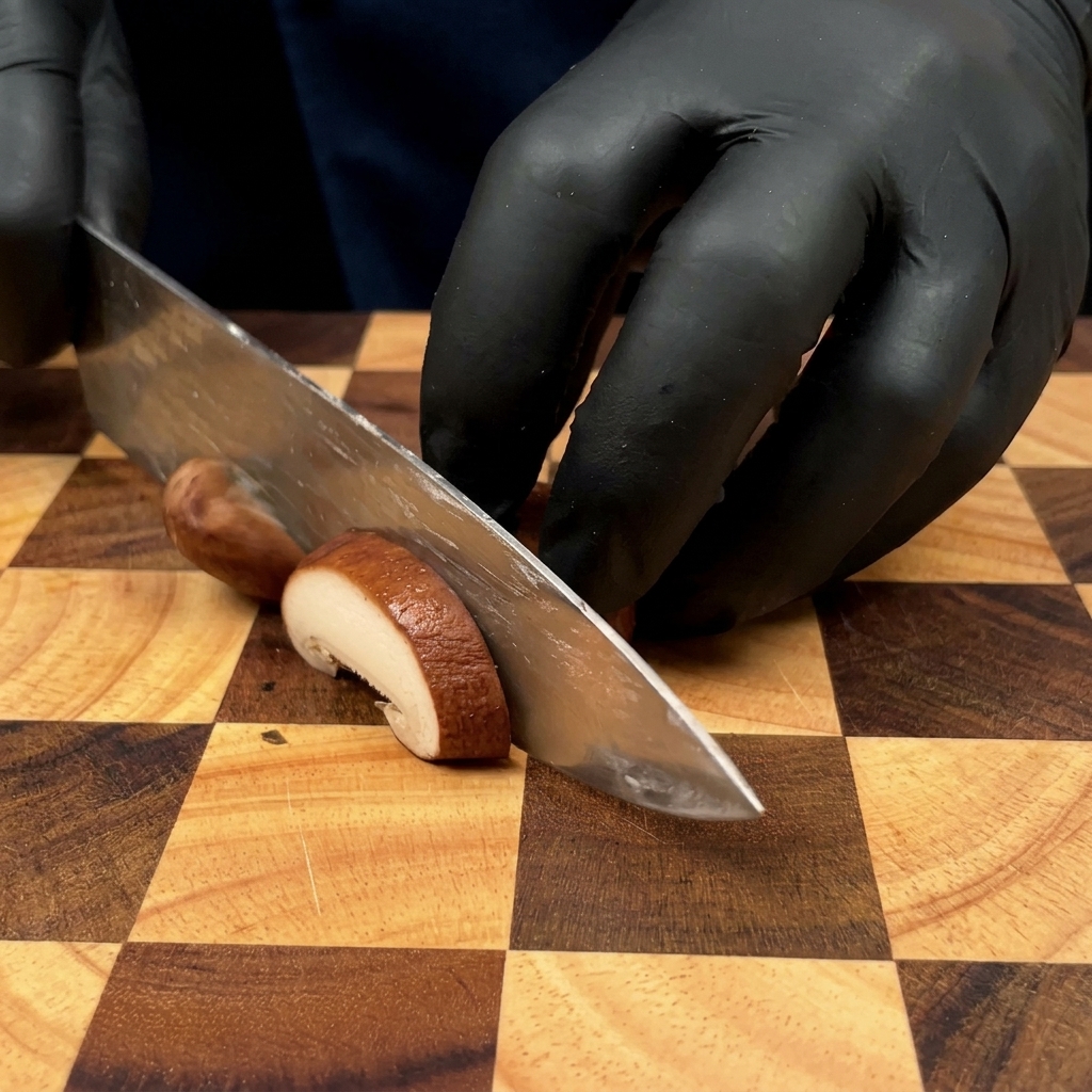 Gloved hands slicing a fresh brown mushroom on a wooden checkered cutting board with a large chefs knife.