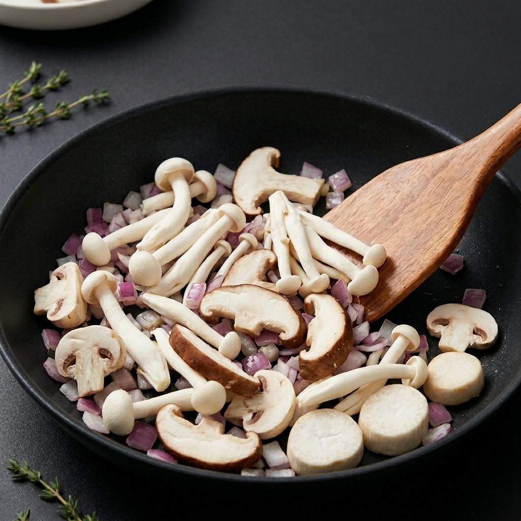Various raw sliced mushrooms including shiitake and white jade resting in a dark skillet with sautéed red onions, next to a wooden spatula.