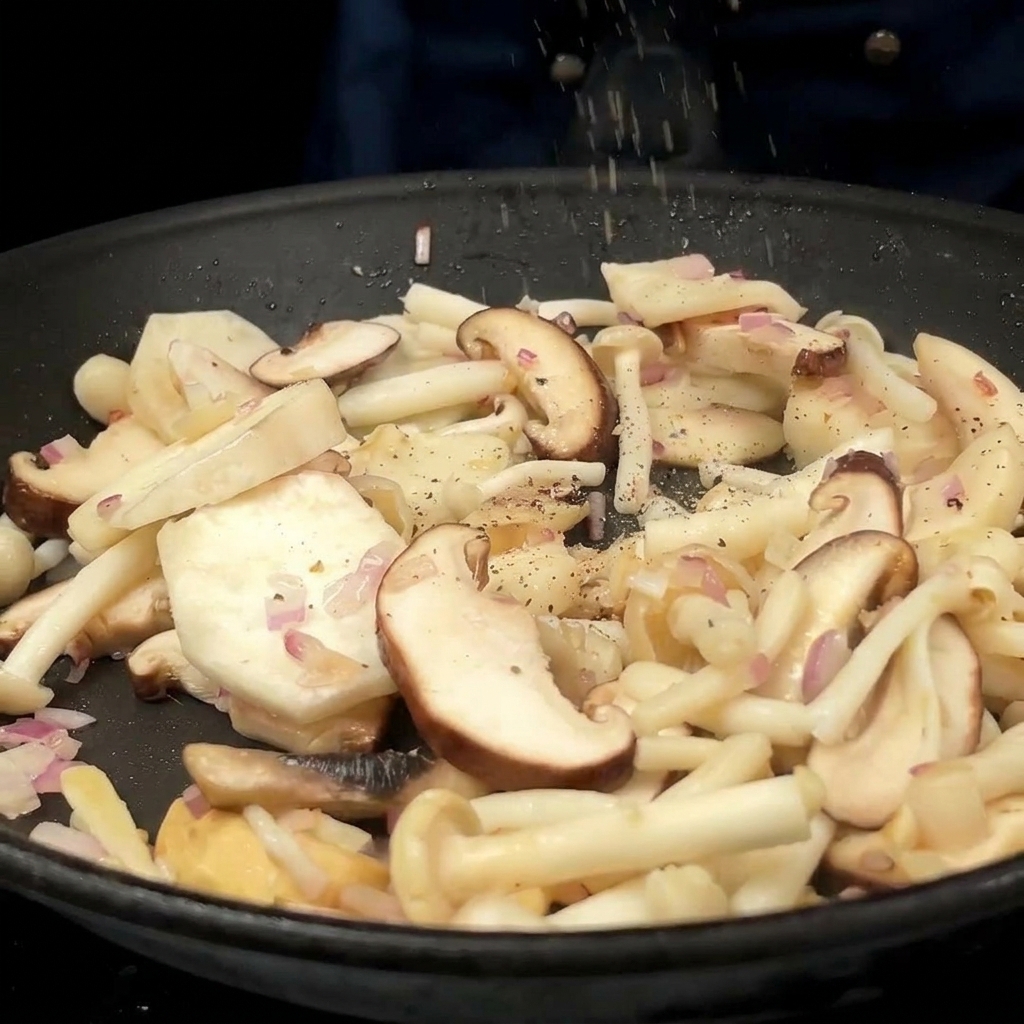 Freshly ground black pepper sprinkling down over a pan of sizzling mixed mushrooms and red onions.