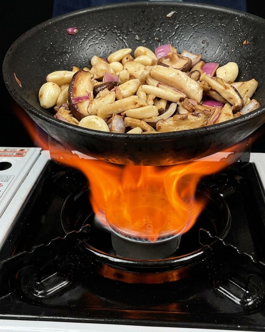 A black pan filled with mushrooms and garlic being tossed over a bright orange high flame on a gas stove.