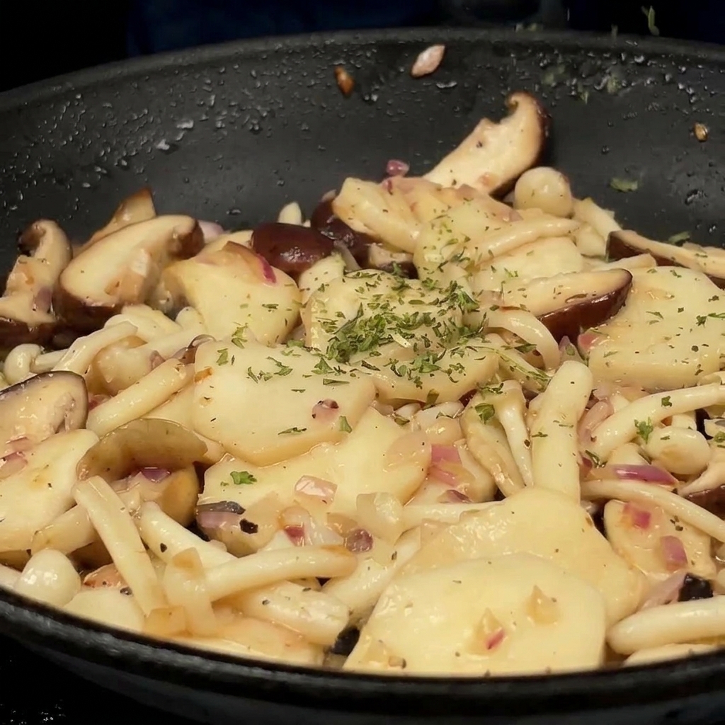 Chopped green parsley scattered over a pan of golden-brown sautéed mushrooms.