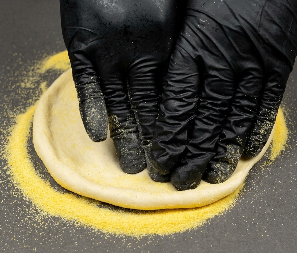 Hands wearing black gloves pressing down on a round piece of pizza dough on a grey surface dusted with yellow cornmeal.
