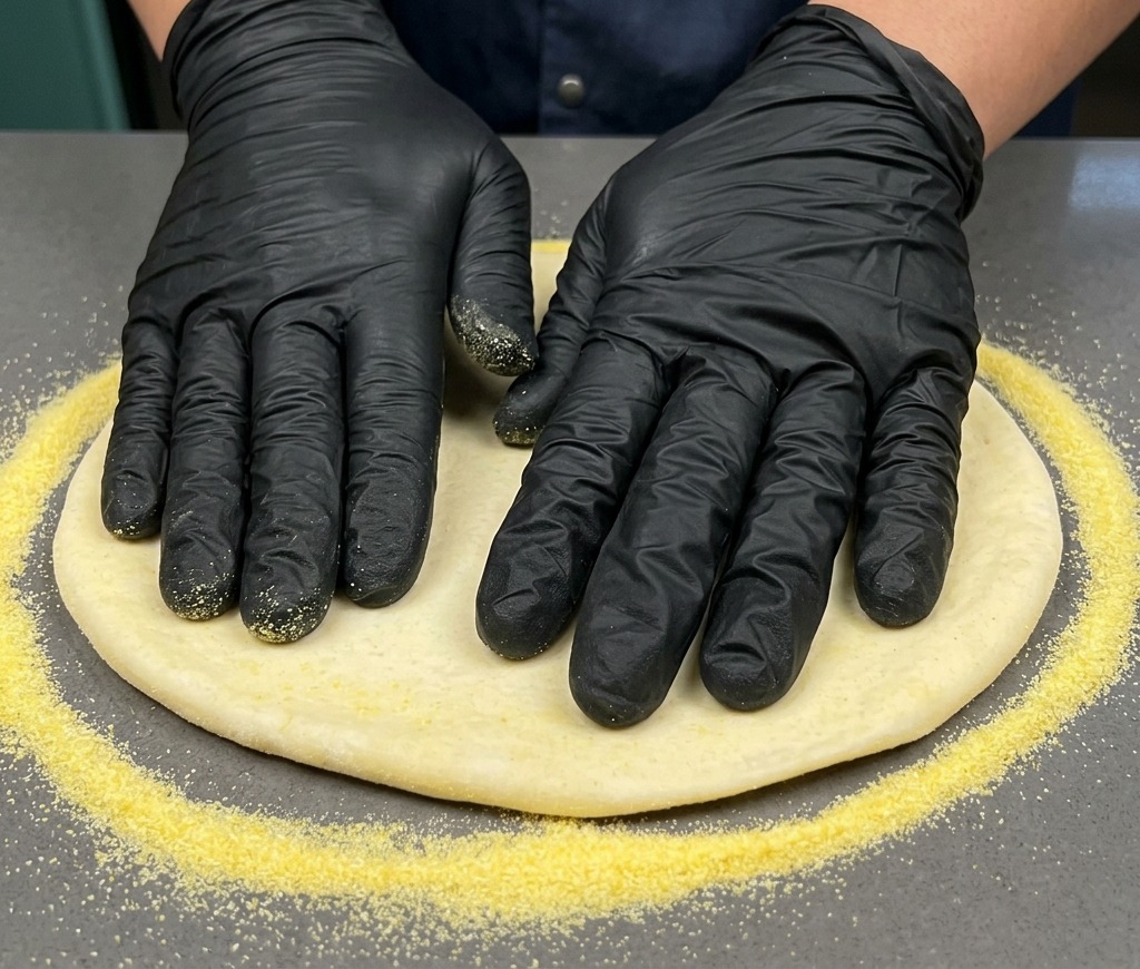 Hands in black gloves stretching a circular pizza dough base on a counter covered in yellow cornmeal.
