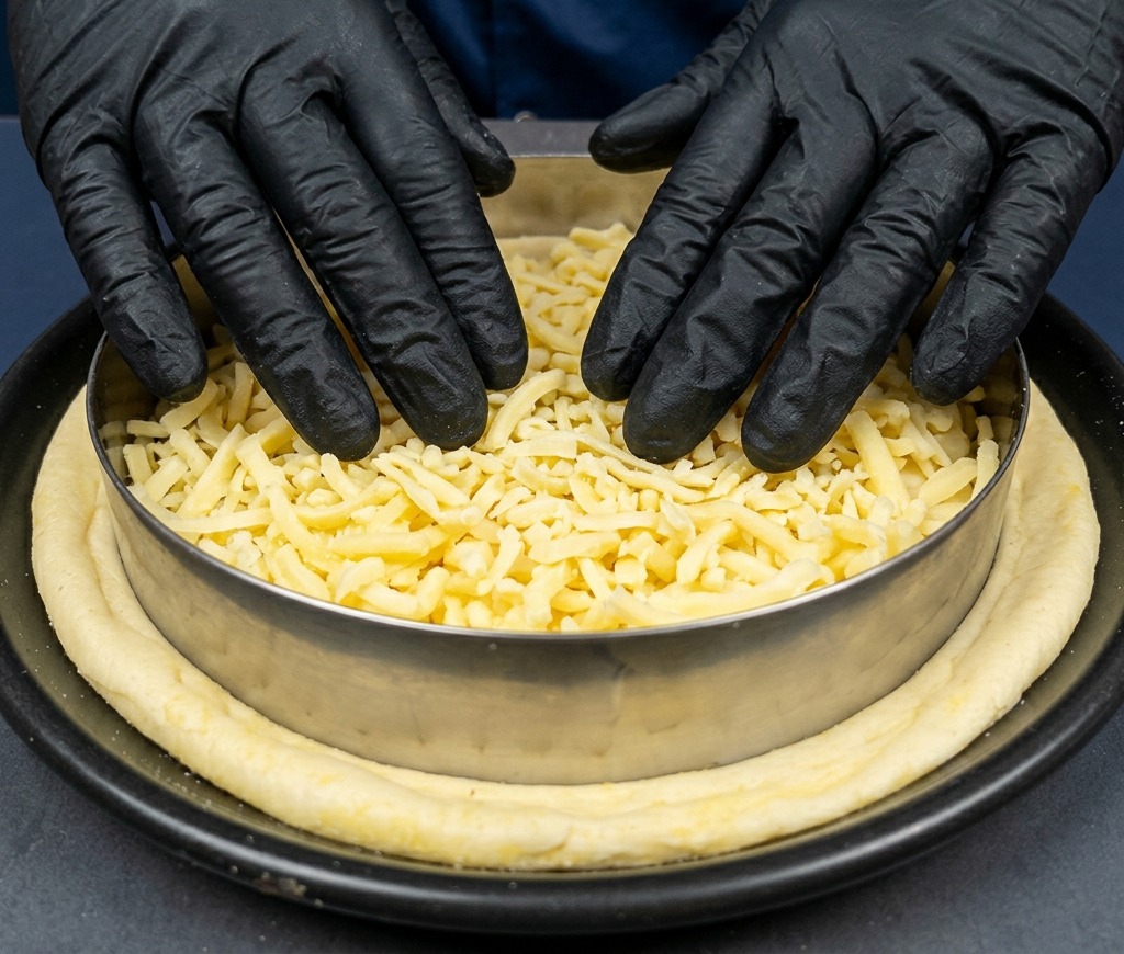 Hands in black gloves spreading a thick layer of shredded mozzarella cheese onto pizza dough inside a metal ring.