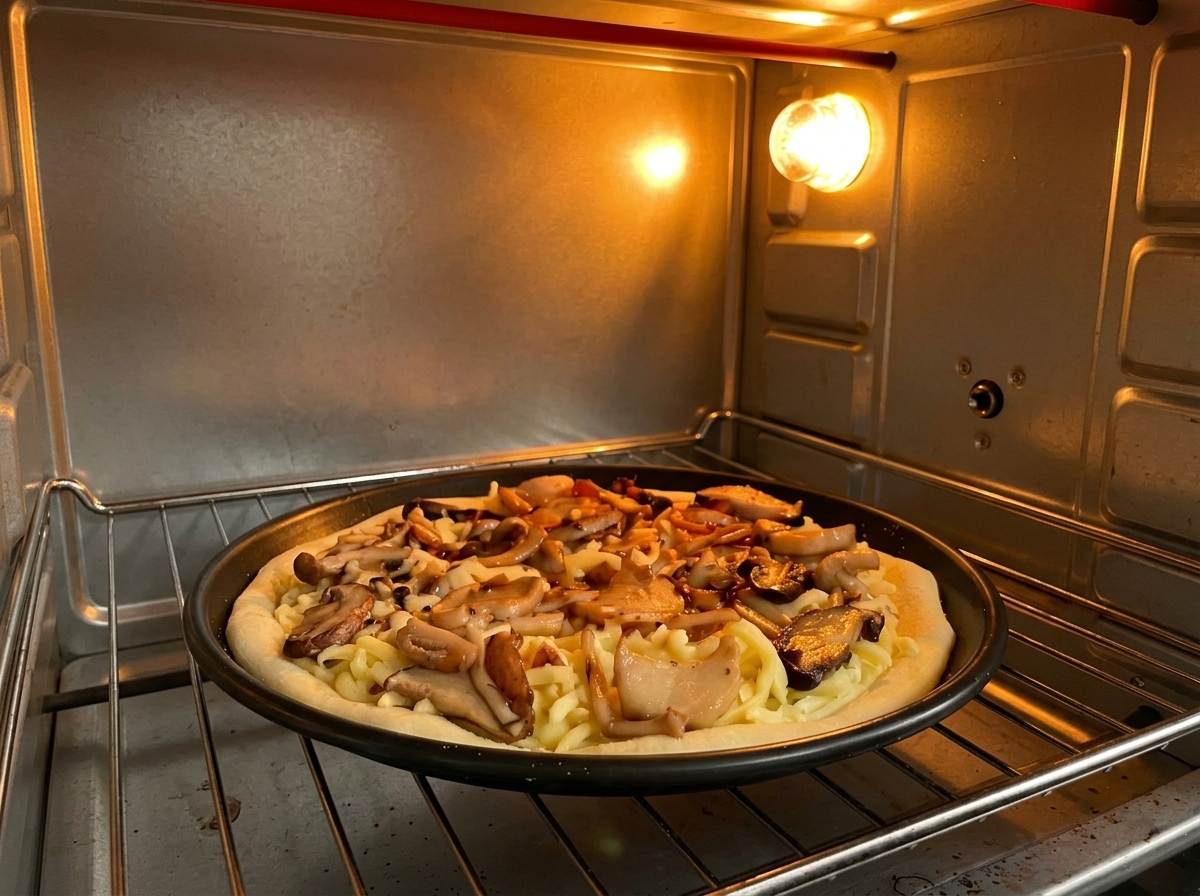A fully assembled mushroom pizza sitting on a round black baking tray inside a glowing oven.
