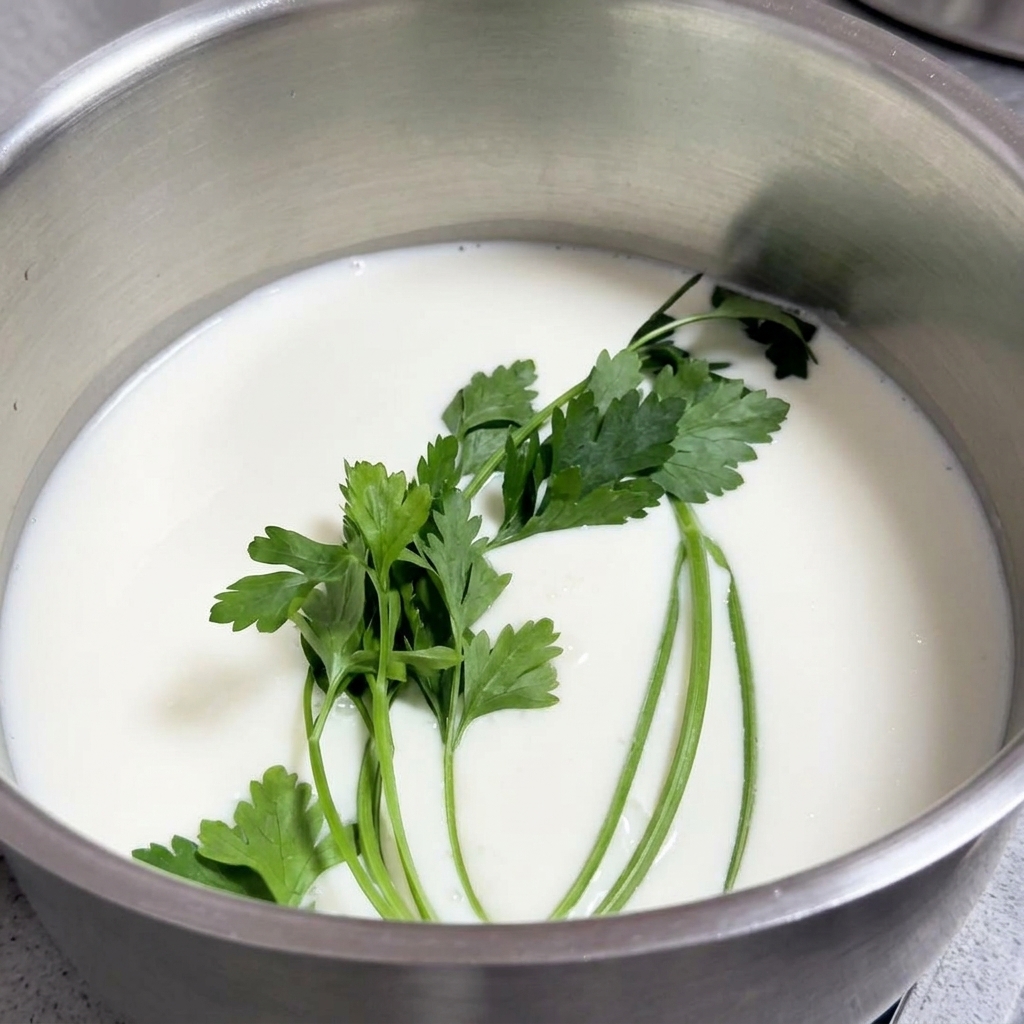 A pot filled with white milk containing a sprig of fresh parsley and other aromatics.