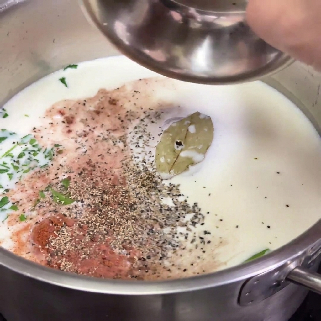 Spices including salt, pepper, and nutmeg being poured from a small metal bowl into the infused milk.