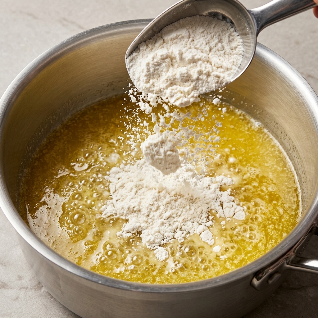 White flour being poured from a metal spoon into a pot of bubbling melted butter.