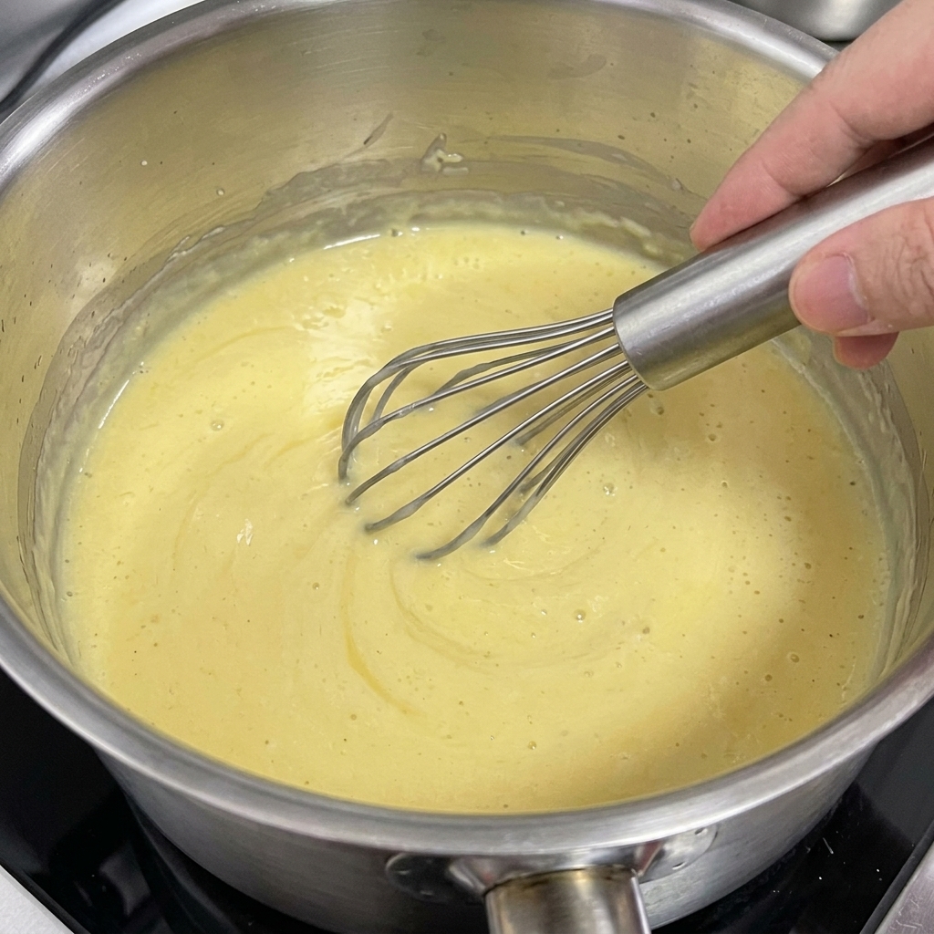 A wire whisk stirring a smooth, pale yellow mixture of butter and flour in a pot.
