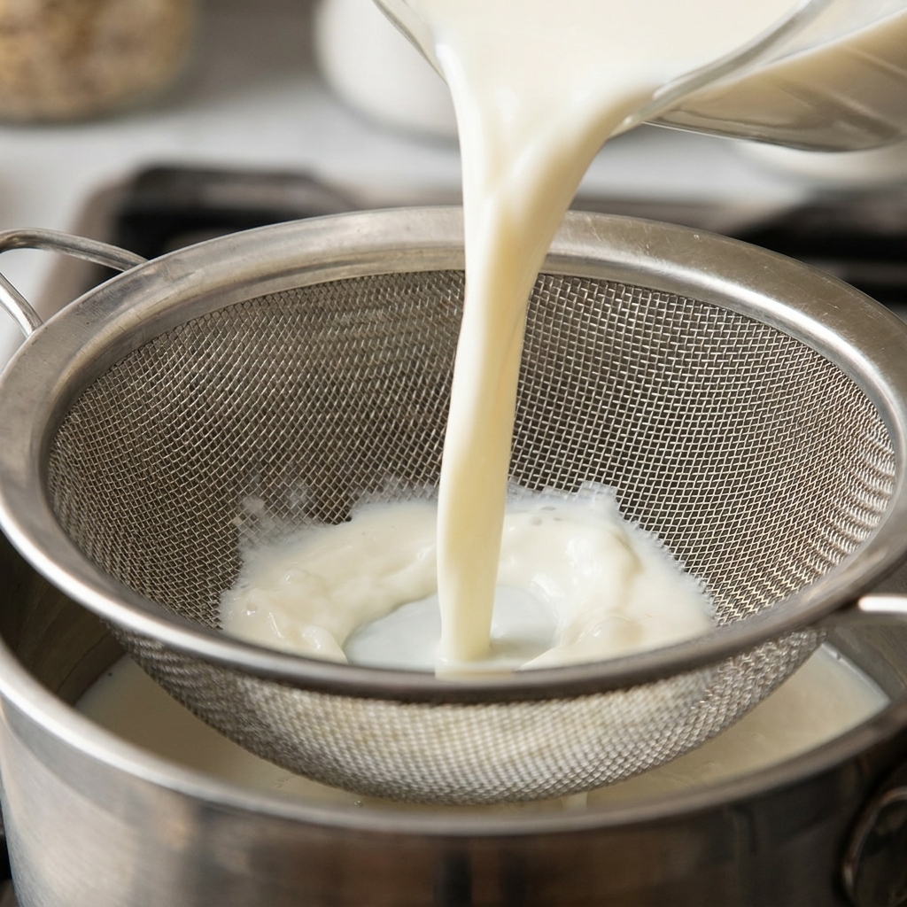 Hot milk being poured through a metal mesh strainer into a pot containing the roux.