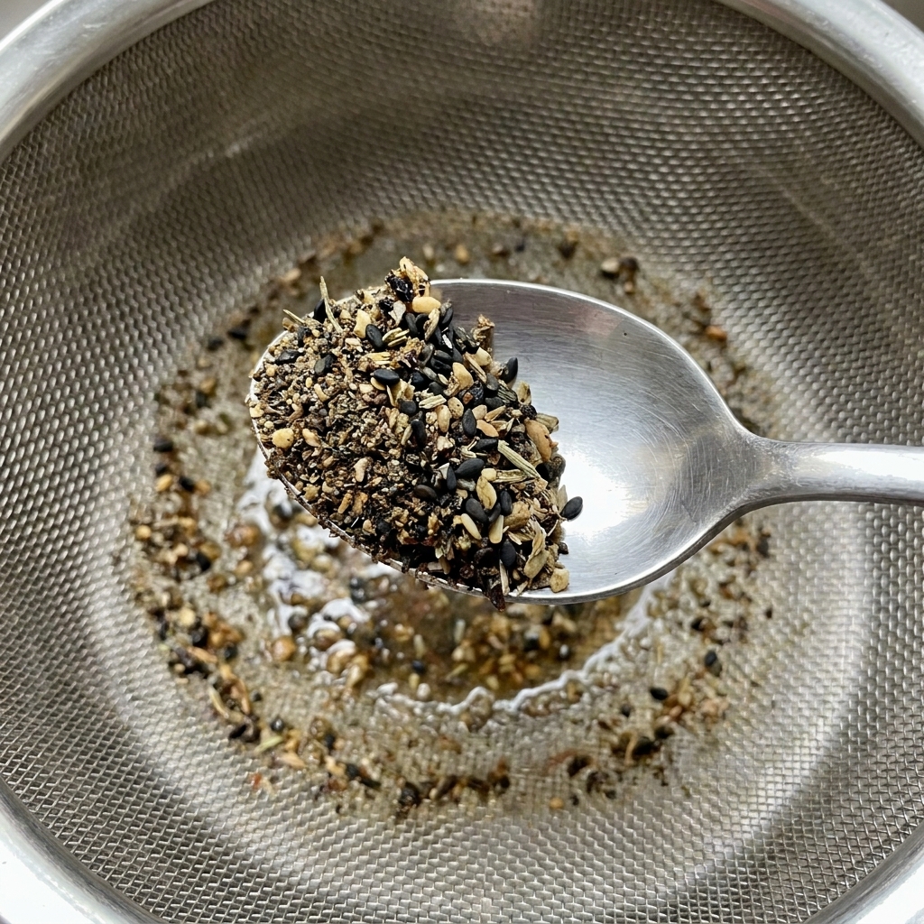 A metal spoon holding a mixture of dark, strained spices and seeds over a fine mesh strainer.