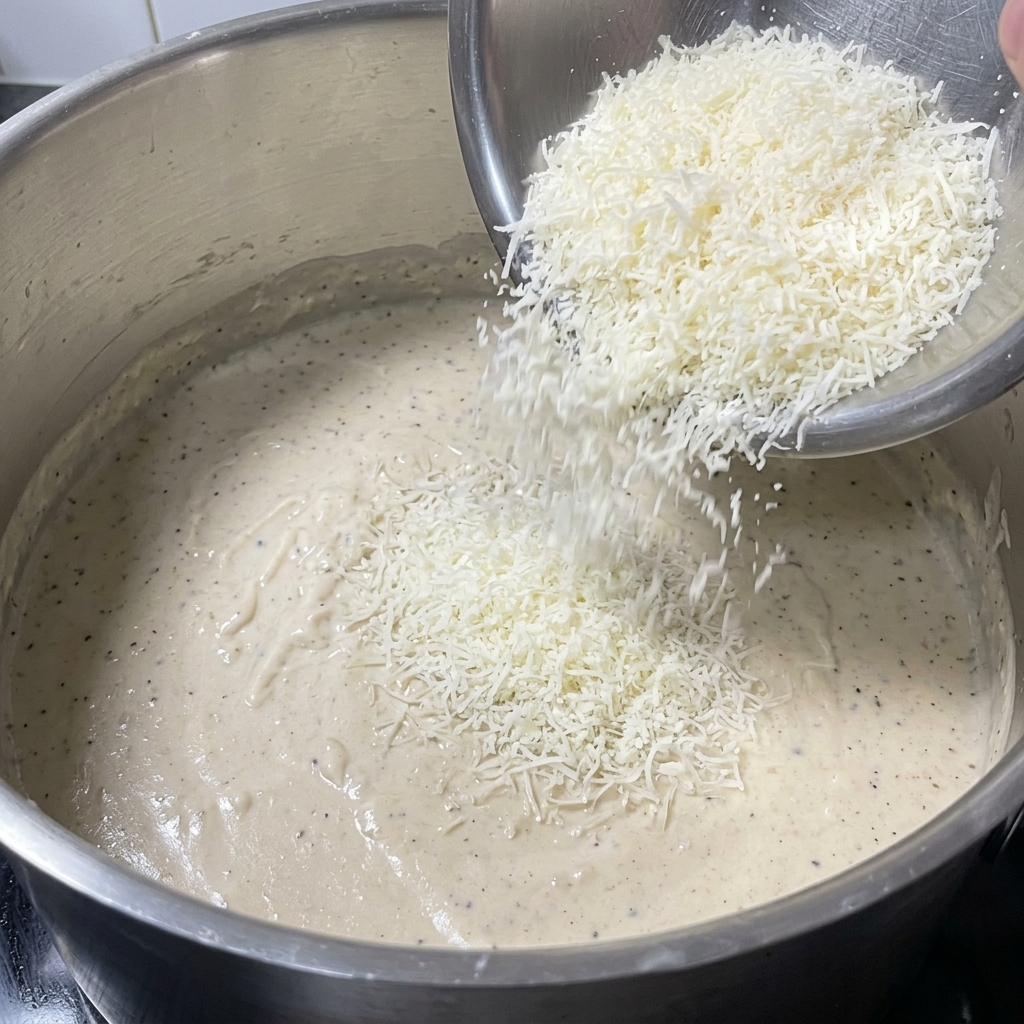 A large amount of finely grated Parmesan cheese being poured from a metal bowl into a pot of creamy white sauce.