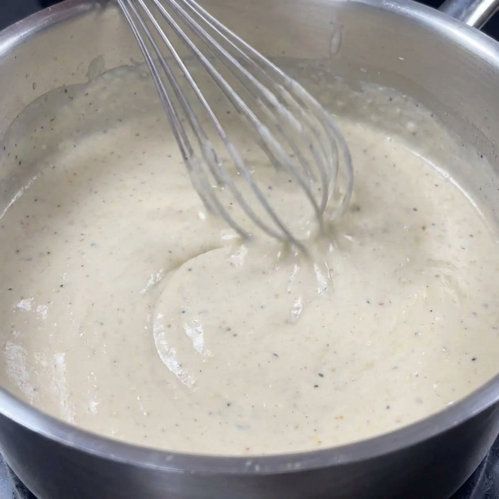 A metal whisk stirring a thick, speckled truffle white sauce inside a stainless steel pot.