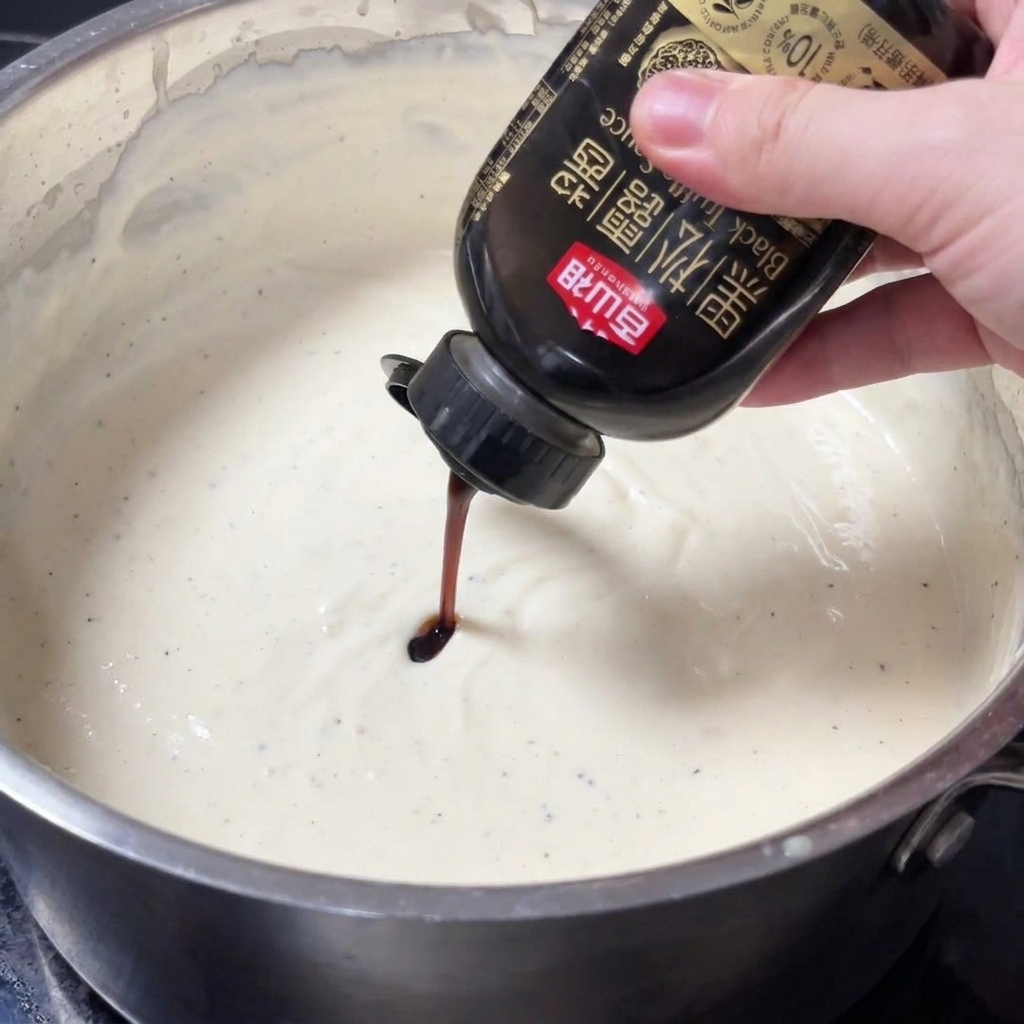 A hand holding a bottle of black truffle sauce, squeezing a dark stream of it into a pot of thick white sauce.