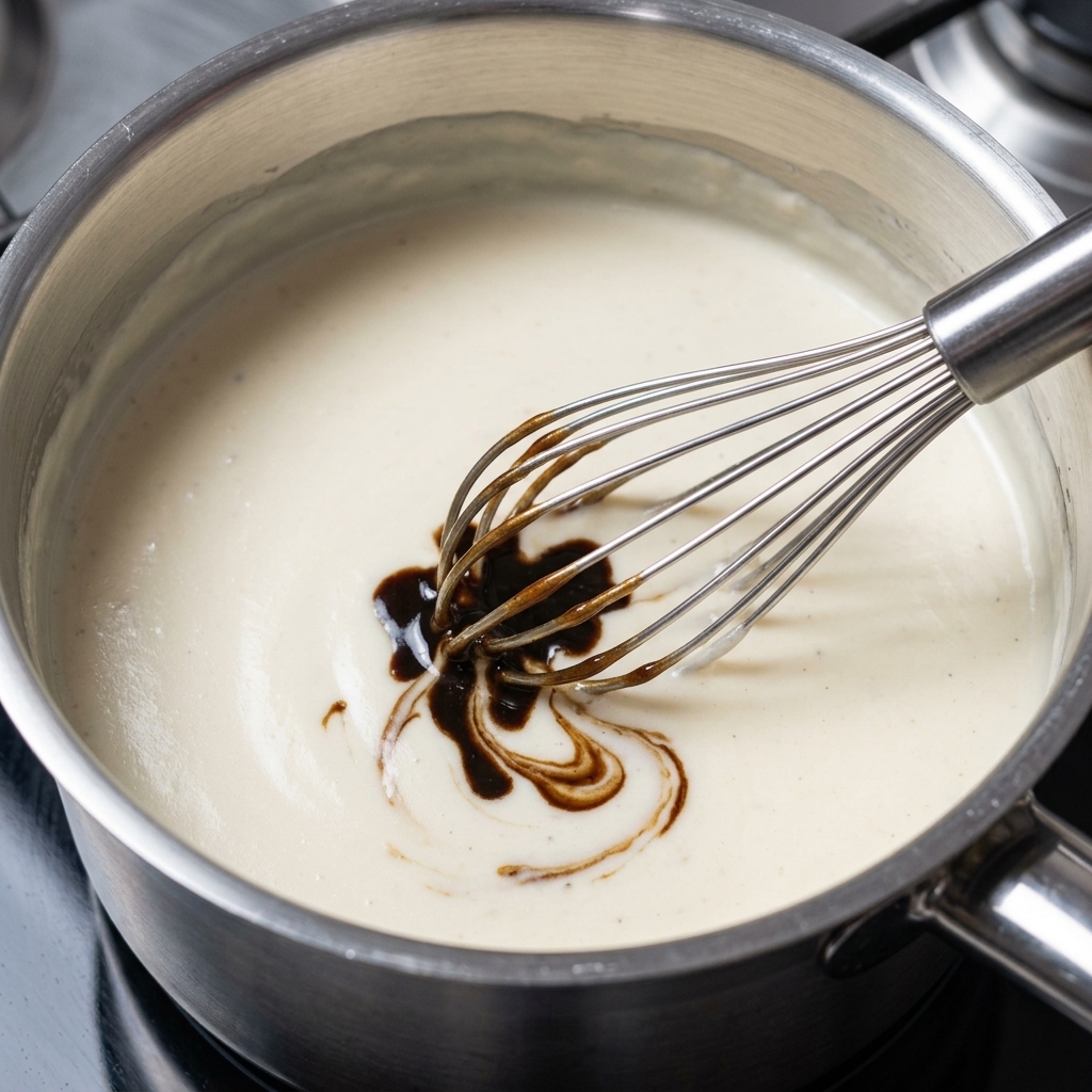 A wire whisk blending dark brown black truffle paste into a creamy white sauce in a metal pot.