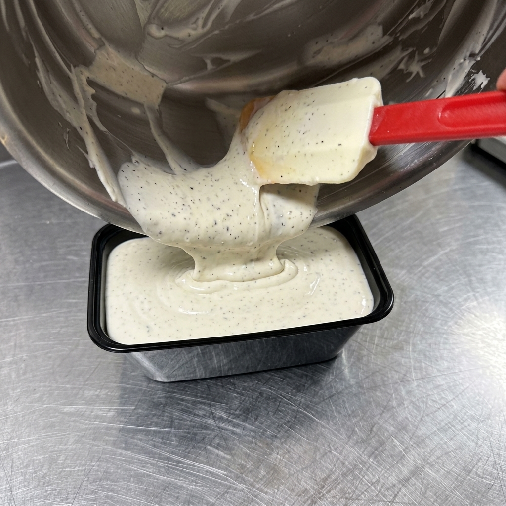 Scraping thick, creamy truffle white sauce with a red spatula into a black rectangular plastic container.