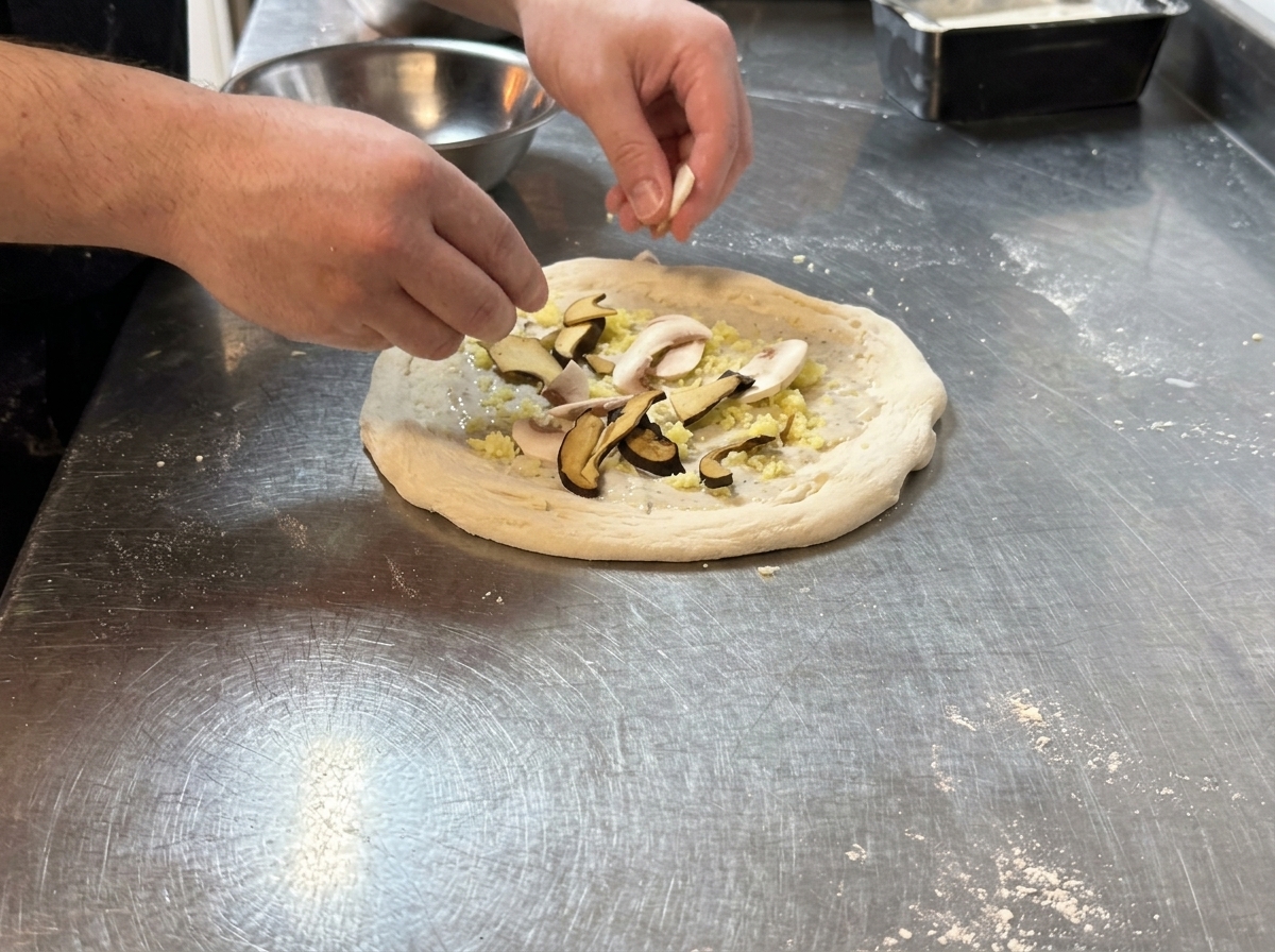 Hands arranging fresh sliced mushrooms over a pizza dough coated in white sauce and cheese.