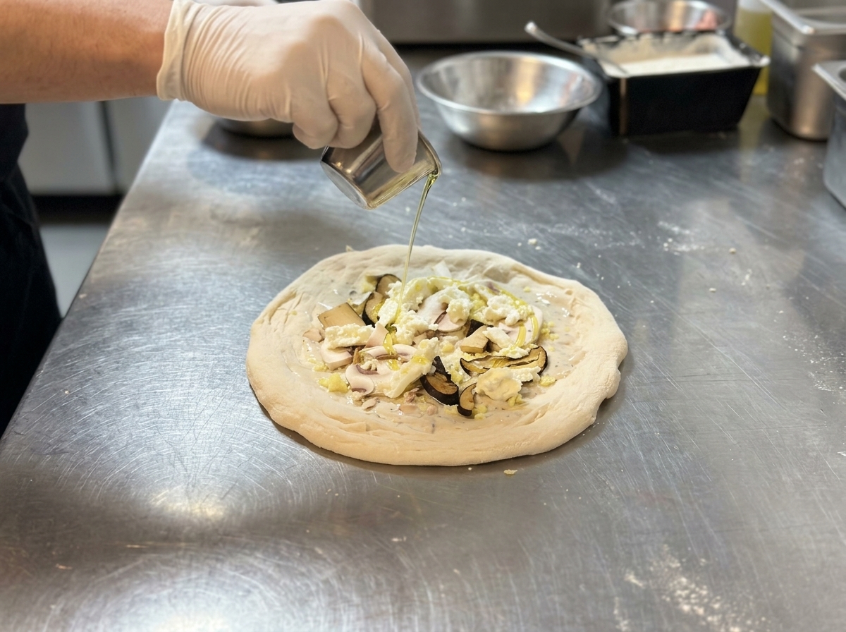 A gloved hand drizzling olive oil from a small metal pitcher over an unbaked pizza topped with white sauce, mushrooms, and cheese on a stainless steel prep table.