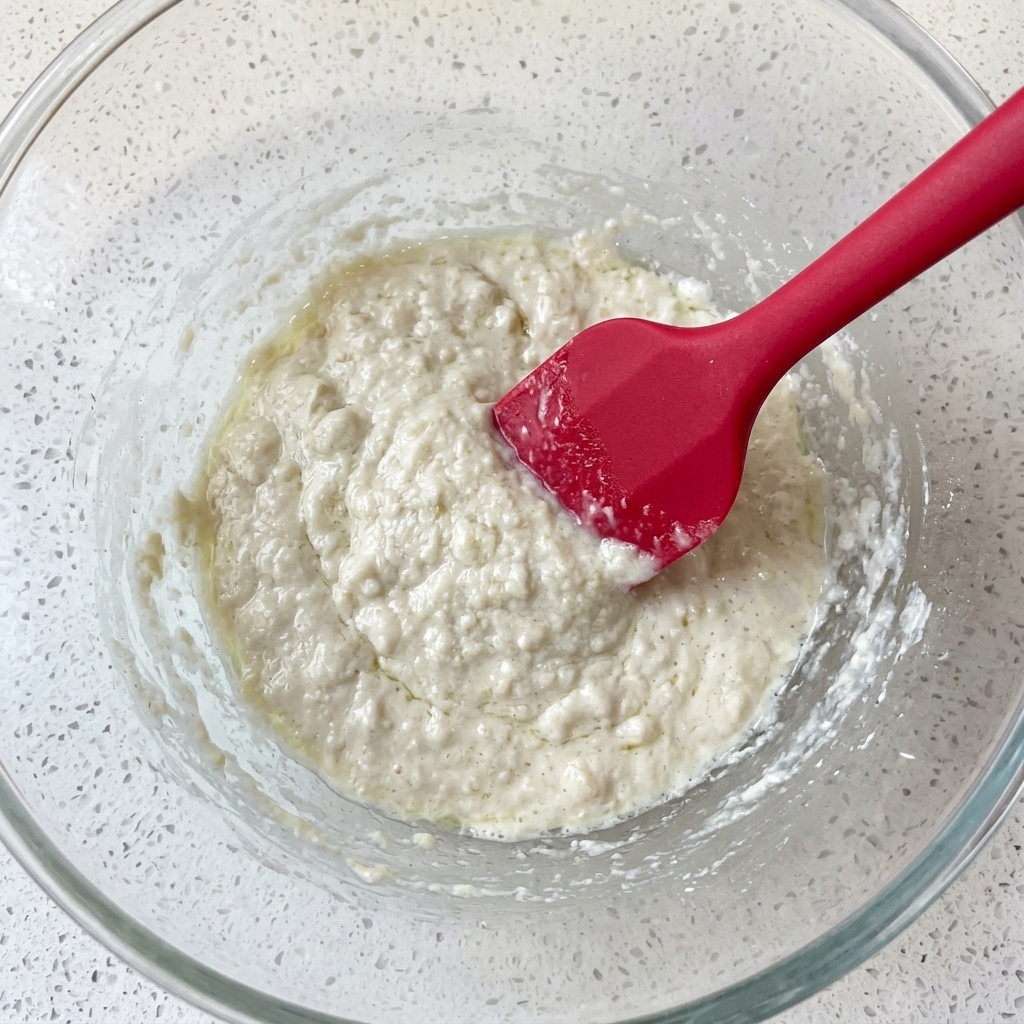 A wet pizza dough mixture being stirred with a red silicone spatula inside a glass bowl.