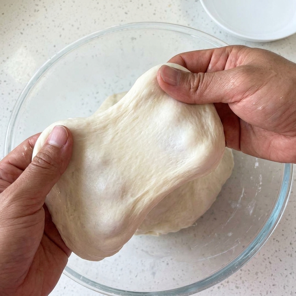 Two hands stretching bread dough to form a thin, translucent windowpane membrane.