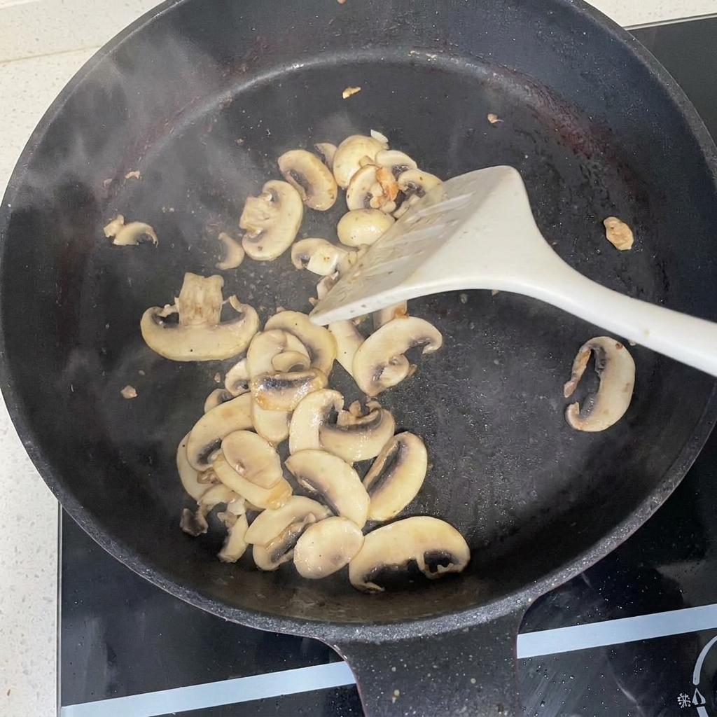 Sliced white button mushrooms being sautéed in a black skillet with a white spatula.