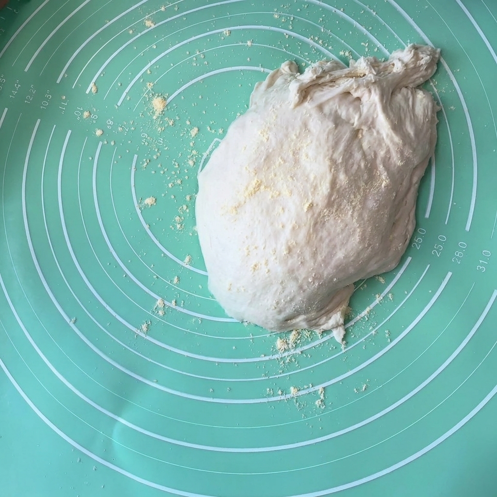 A puffy ball of fermented pizza dough resting on a green silicone mat sprinkled with yellow cornmeal.