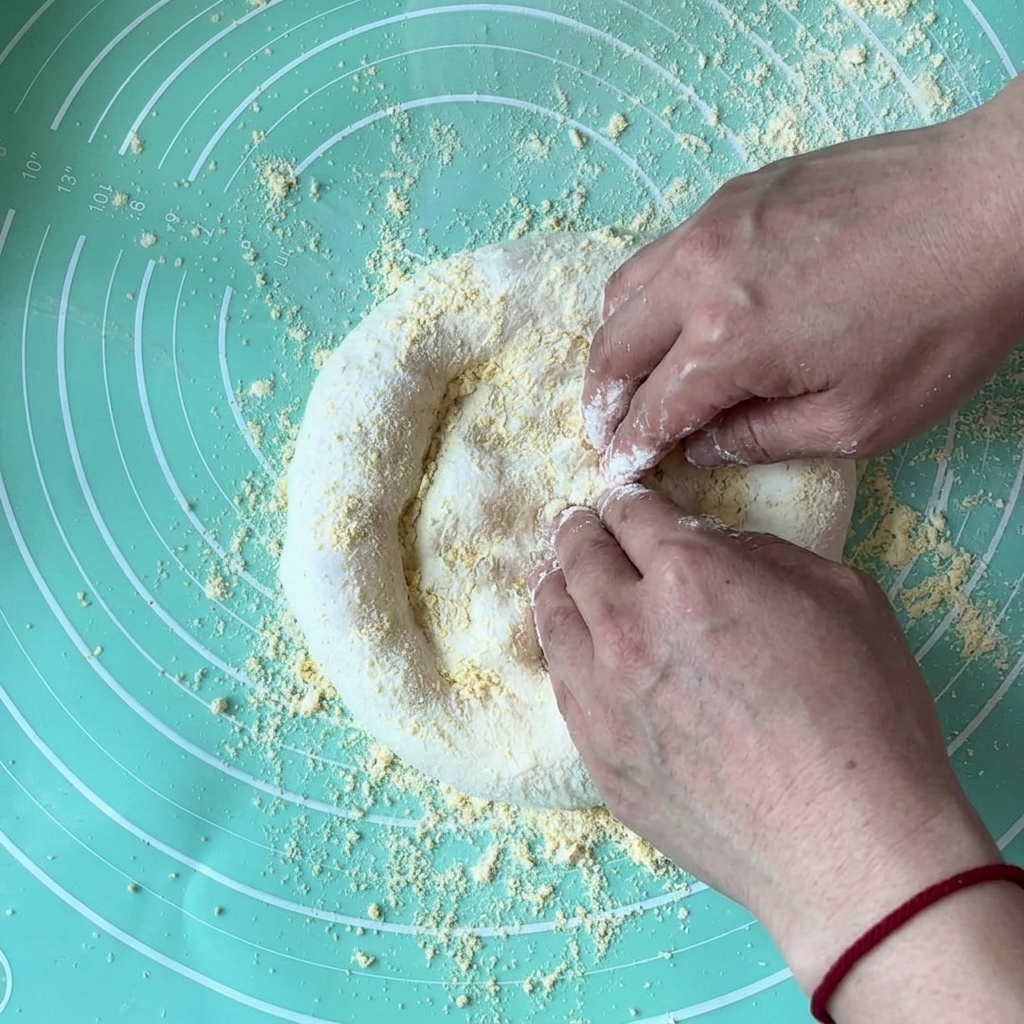 Two hands gently pressing and stretching a piece of pizza dough into a circle on a green silicone mat dusted with yellow cornmeal.