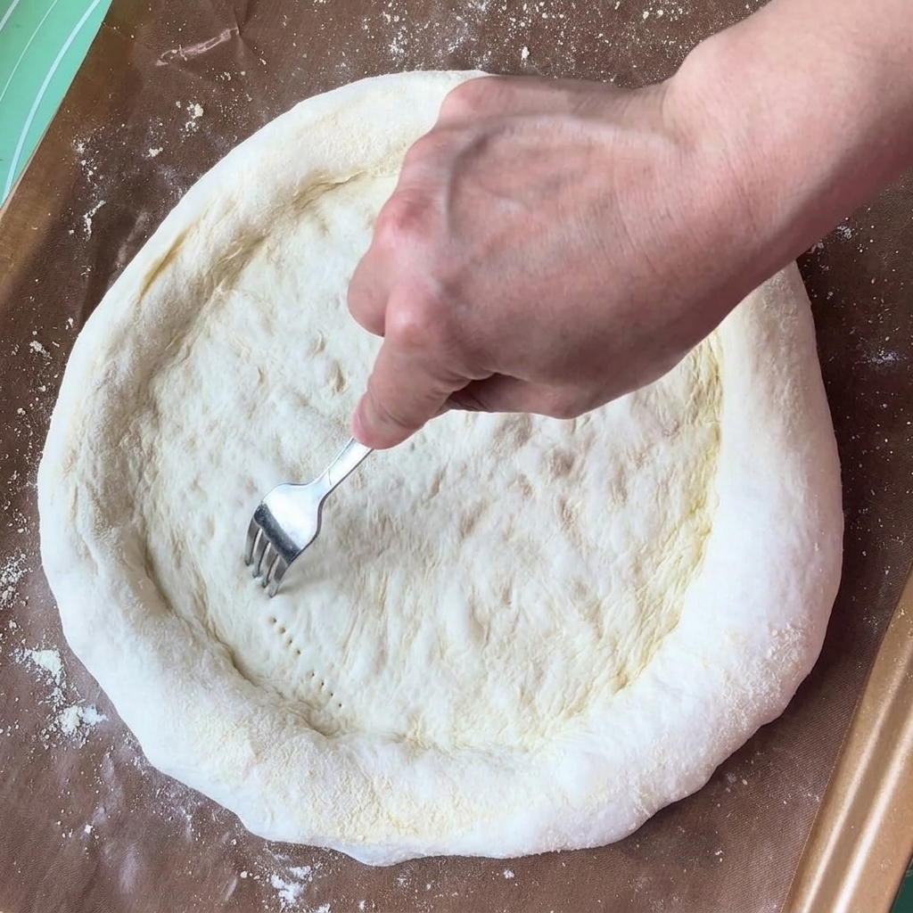 A hand using a metal fork to poke small holes across the center of a stretched round pizza crust.