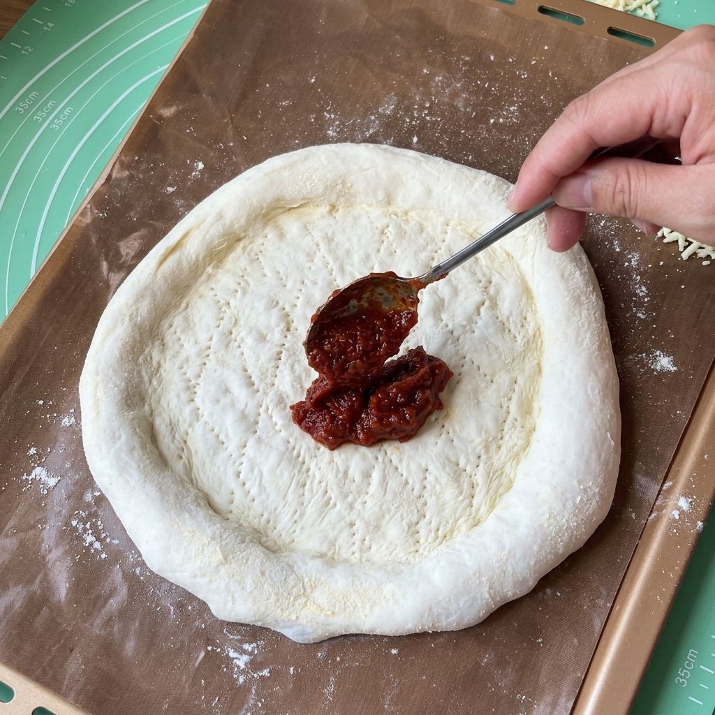 A hand using a metal spoon to spread thick red pizza sauce evenly onto a pierced pizza dough crust.