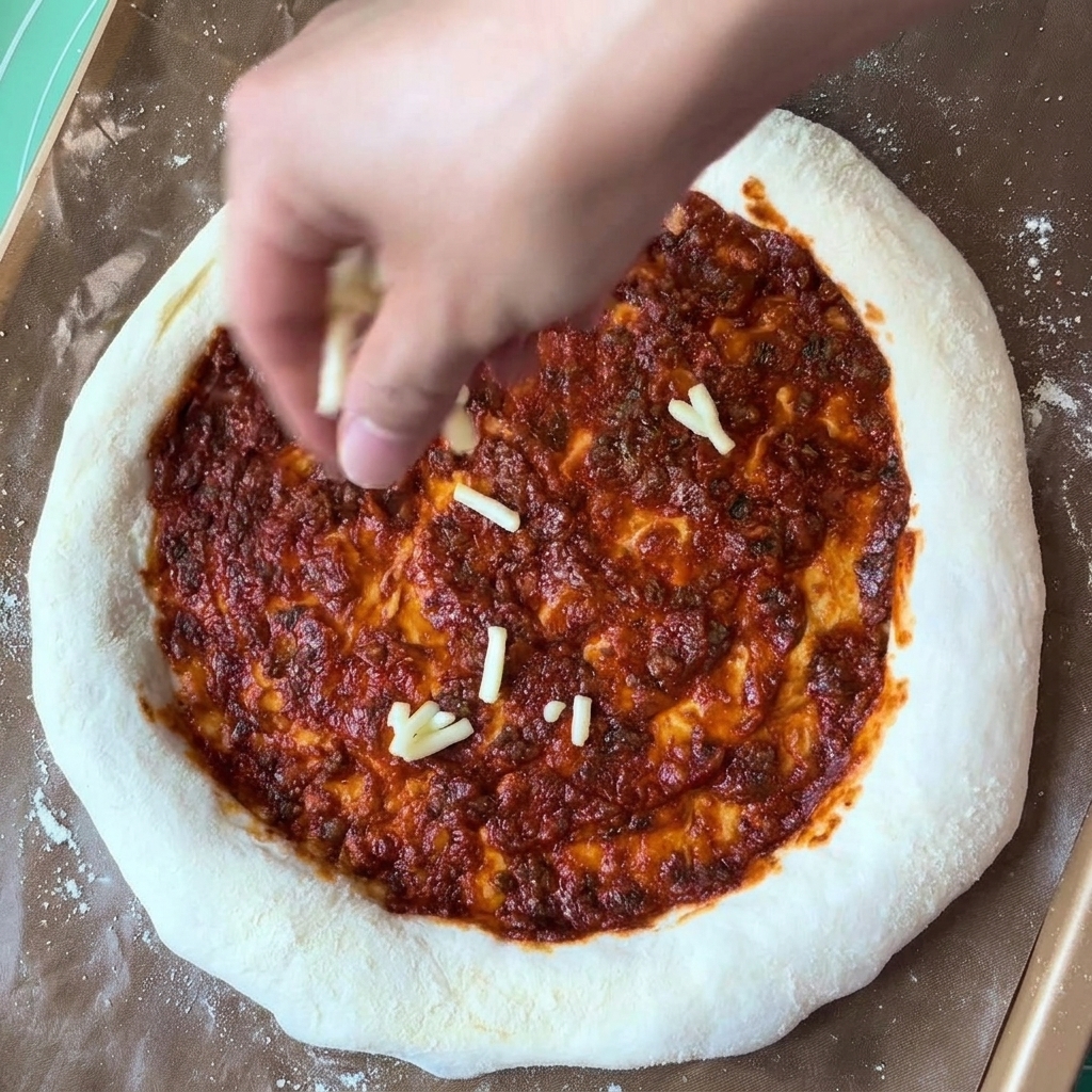 A hand sprinkling pieces of shredded white mozzarella cheese onto a round pizza crust that has been coated with a layer of red pizza sauce.