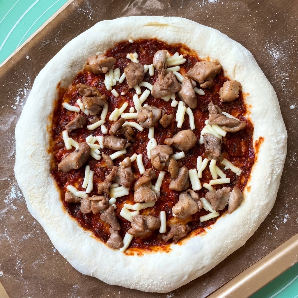 Cooked chunks of seasoned chicken scattered over a pizza crust topped with tomato sauce and a base layer of shredded cheese.