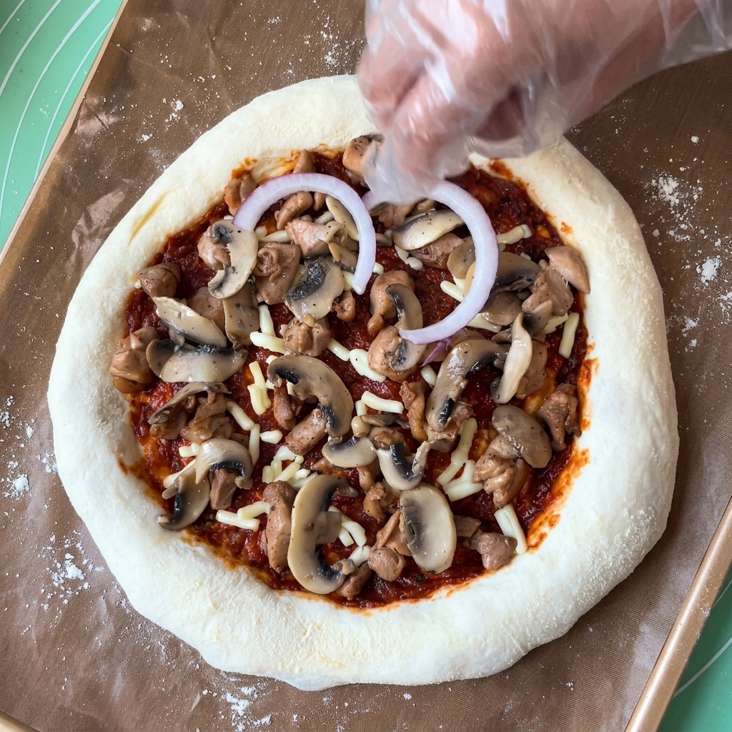 A gloved hand placing rings of raw red onion over a pizza topped with sauce, cheese, chicken chunks, and sliced mushrooms.