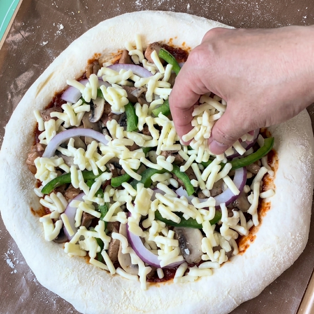 A hand generously sprinkling shredded white cheese over a fully loaded unbaked pizza with chicken, mushrooms, onions, and peppers.