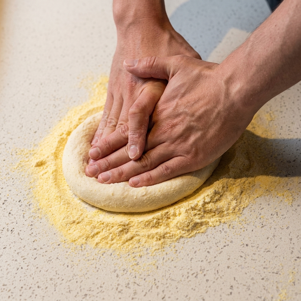 Two hands pressing down on a ball of dough on a floured white countertop.