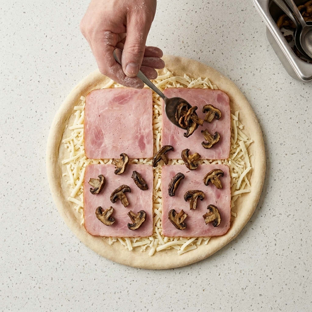 Sliced roasted mushrooms being scattered over large squares of bacon on a pizza base.