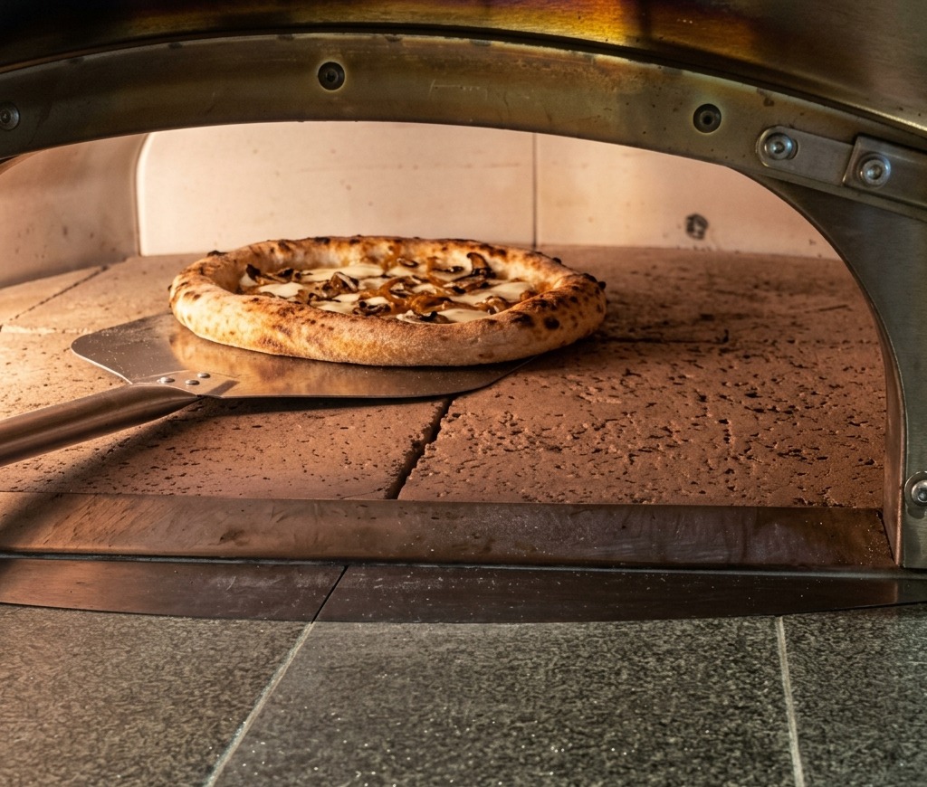 An assembled pizza resting on a metal peel as it is being slid into a hot, stone-floor pizza oven.