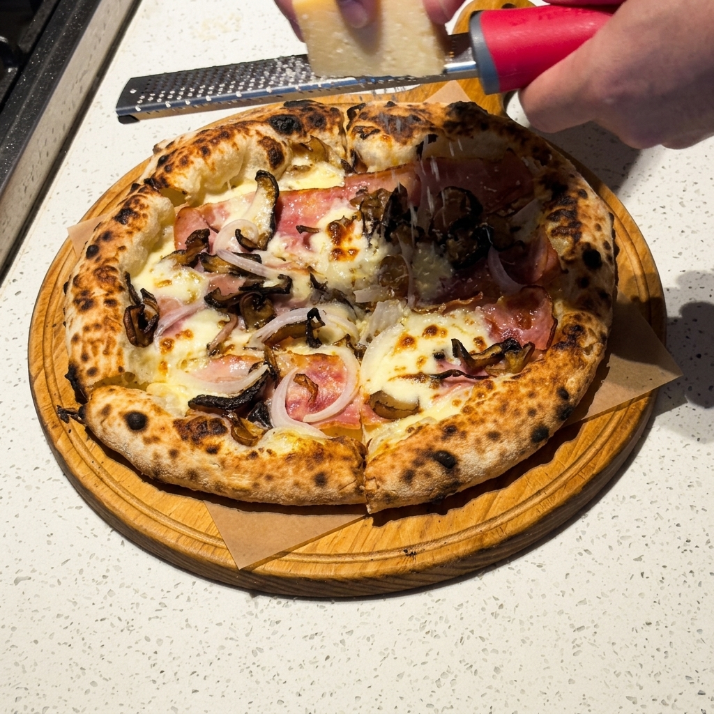 Hands using a red-handled grater to shave fresh hard parmesan cheese over a freshly baked carbonara mushroom pizza on a wooden serving board.
