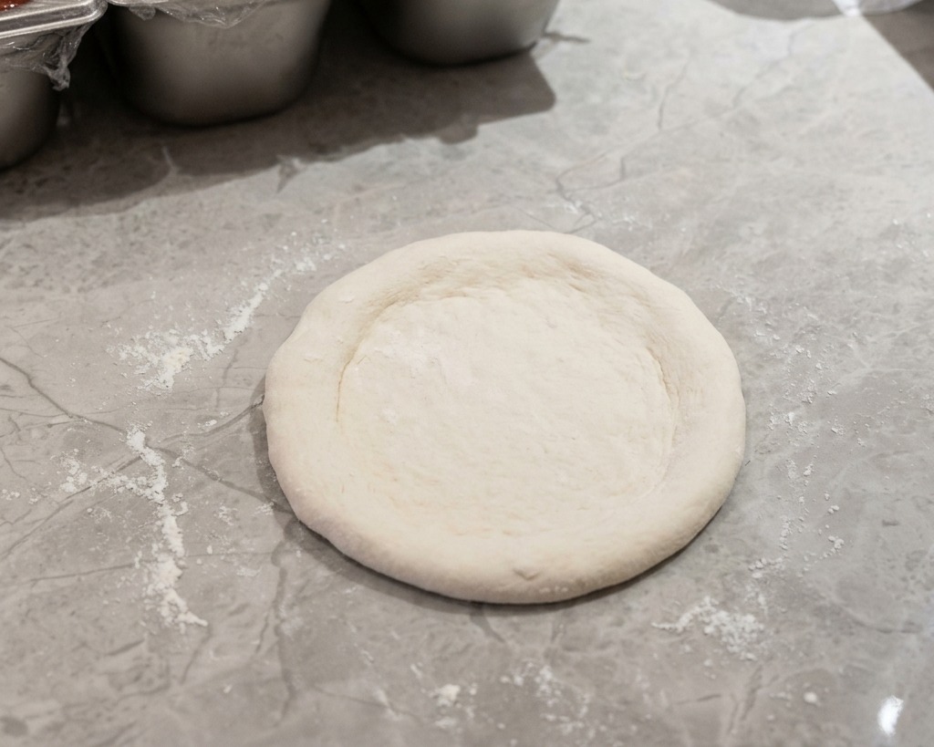 A round piece of stretched pizza dough on a floured surface.