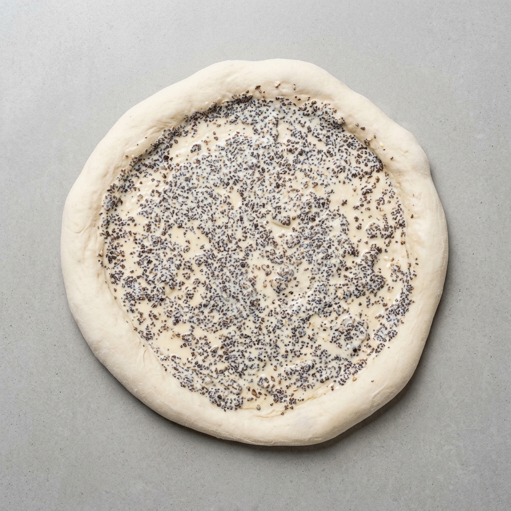 Pizza dough covered evenly with black truffle sauce.