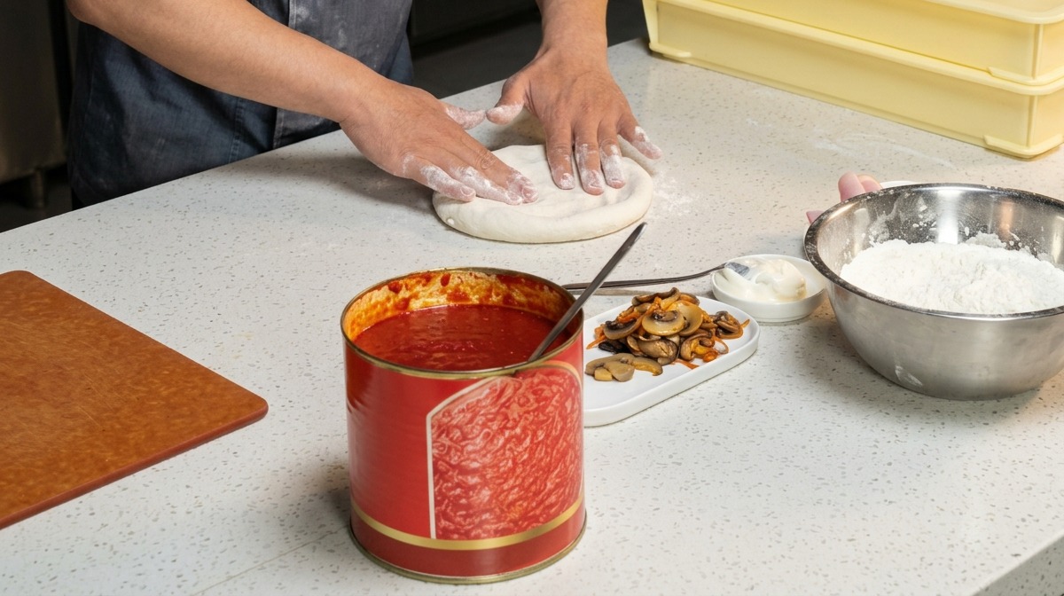 Chefs hands gently pressing a ball of pizza dough flat on a white countertop.