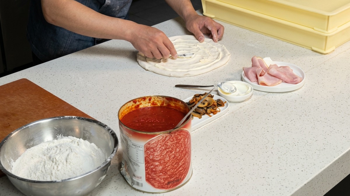 Chef arranging sliced mushrooms in a ring shape over a pizza base topped with white sauce.