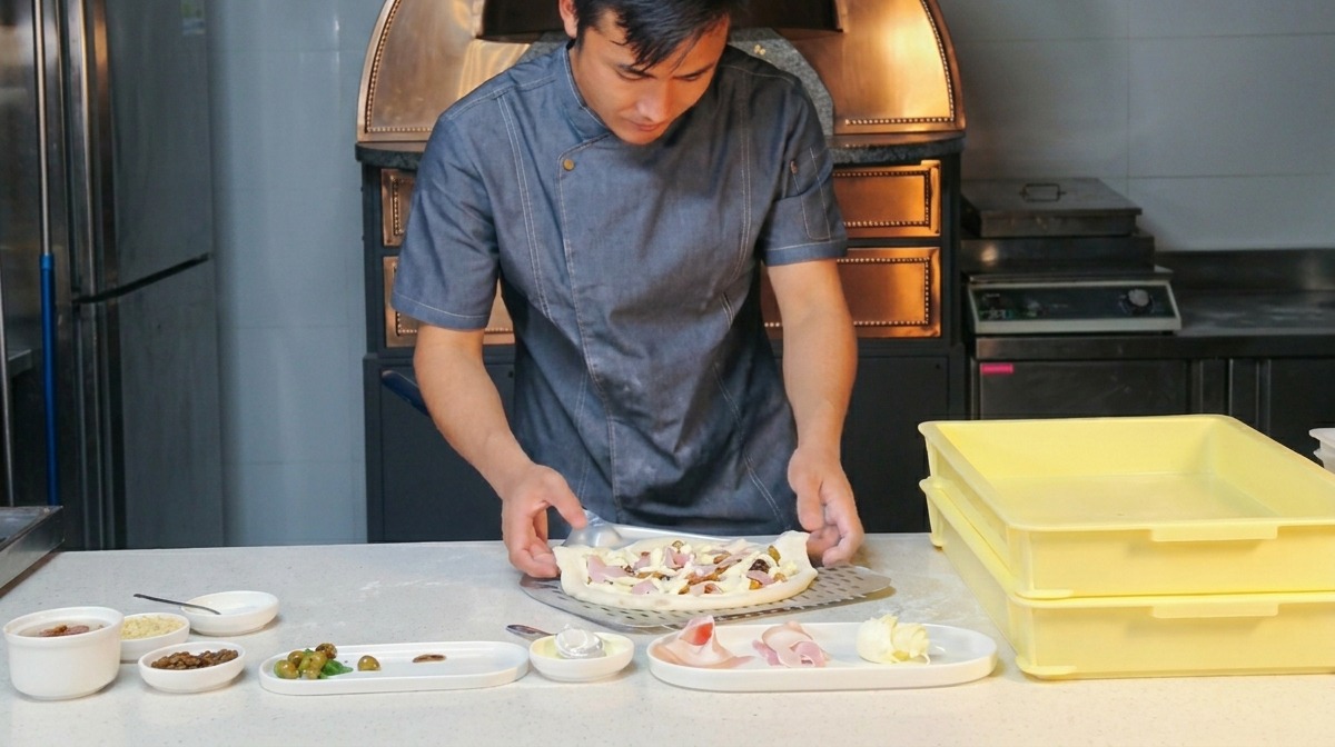Chef using both hands to swiftly slide a fully topped raw pizza onto a metal pizza peel.