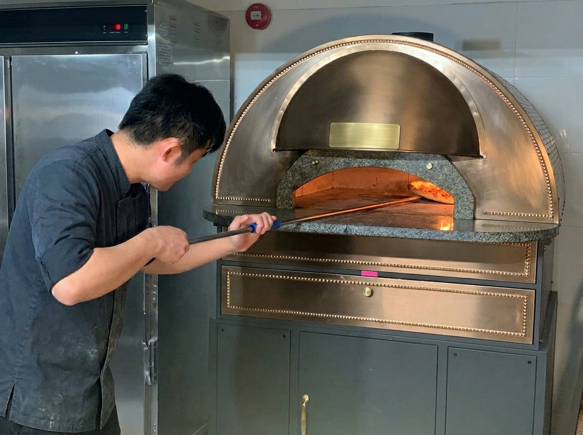 A person using a long-handled pizza peel to rotate a pizza baking inside a large brass-colored domed oven.