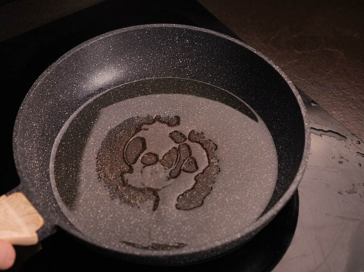 Heated olive oil shimmering in the bottom of a dark non-stick frying pan.