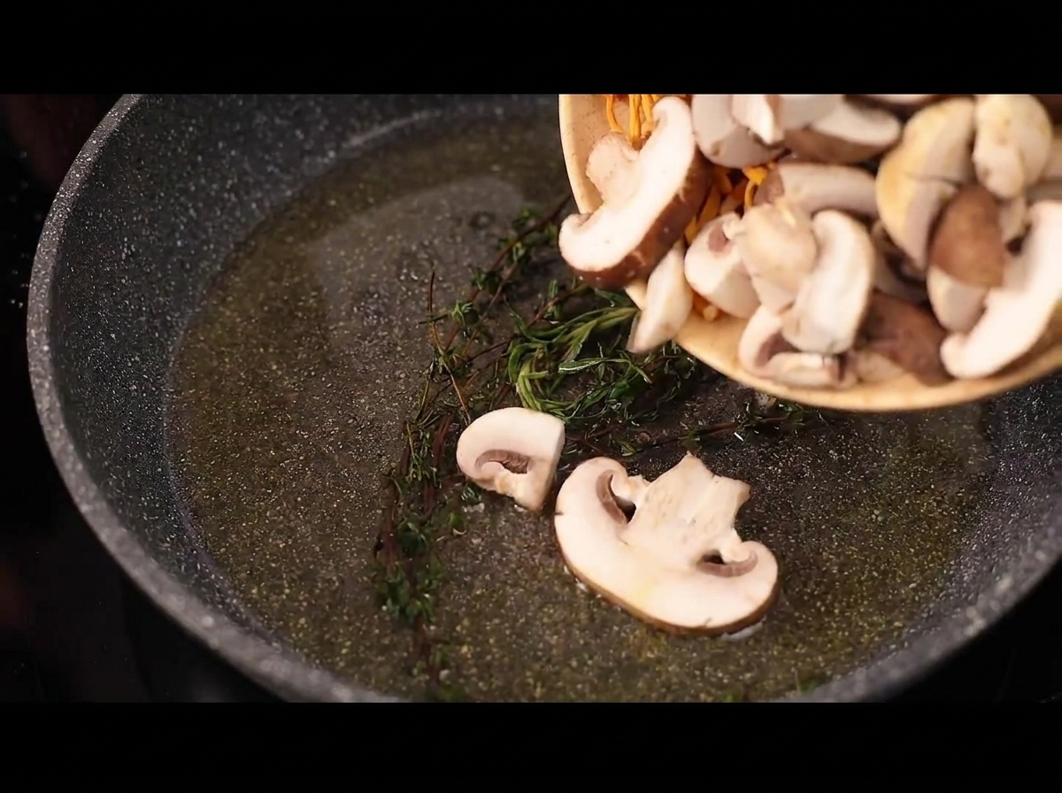 Sliced mushrooms and orange cordyceps flowers being poured from a bowl into a hot frying pan with herbs.