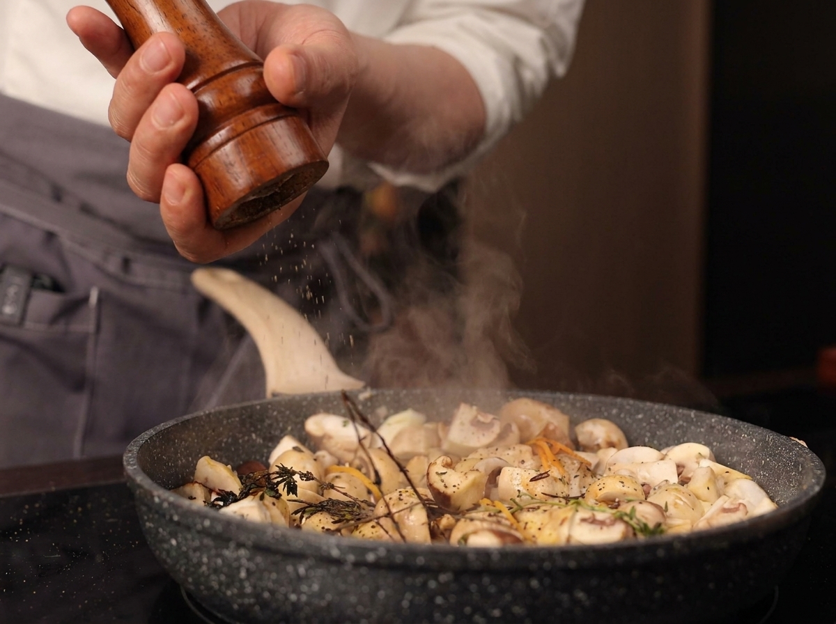 A chef twisting a tall wooden pepper mill to grind fresh black pepper over a steaming pan of mushrooms.