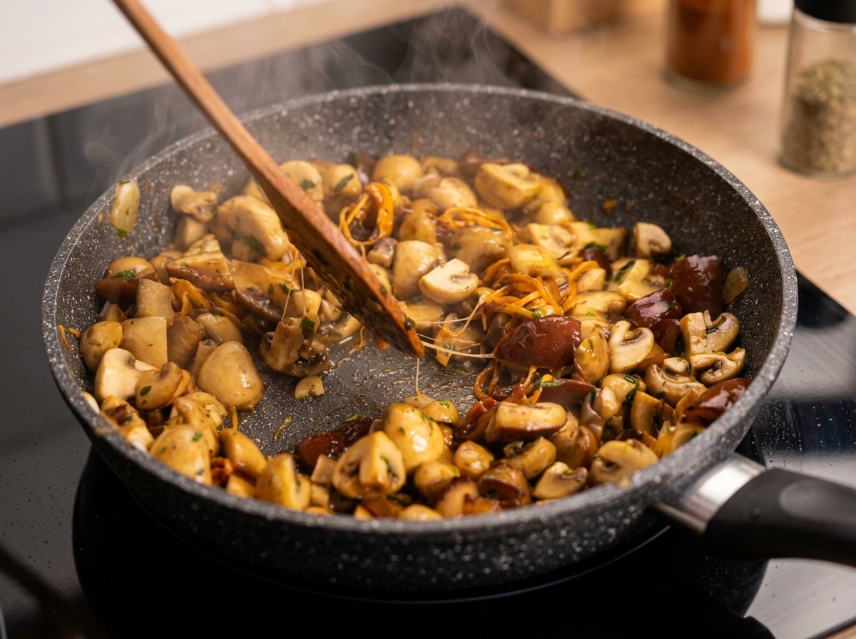 A wooden spatula tossing a savory, deeply browned mixture of chopped mushrooms and orange cordyceps in a frying pan.