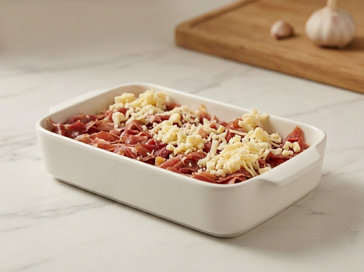 A white rectangular baking dish filled with cooked mushrooms and sliced ham, topped with scattered pieces of diced cheese.