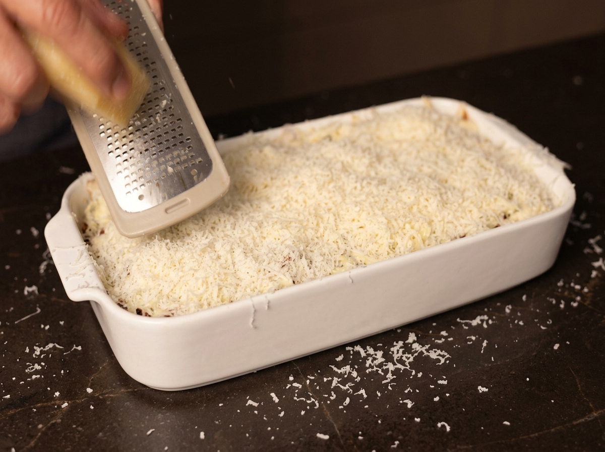 A hand holding a fine grater, shredding hard cheese over a baking dish already covered with diced cheese.